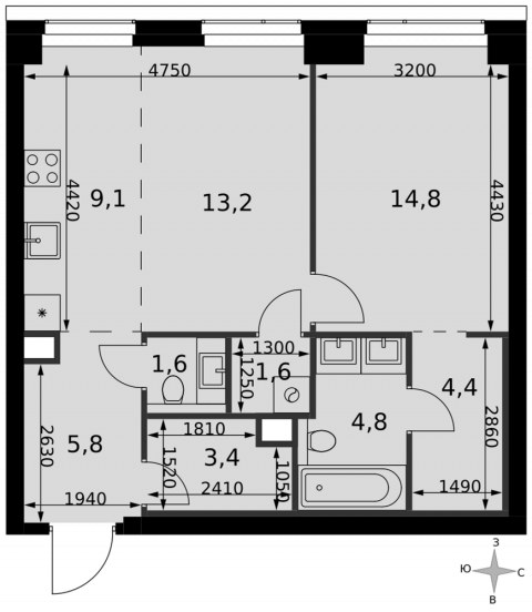 Планировка: 2-комн., 58,7 м²