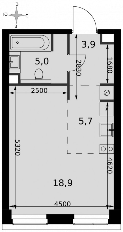 Планировка: Студия, 33,5 м²