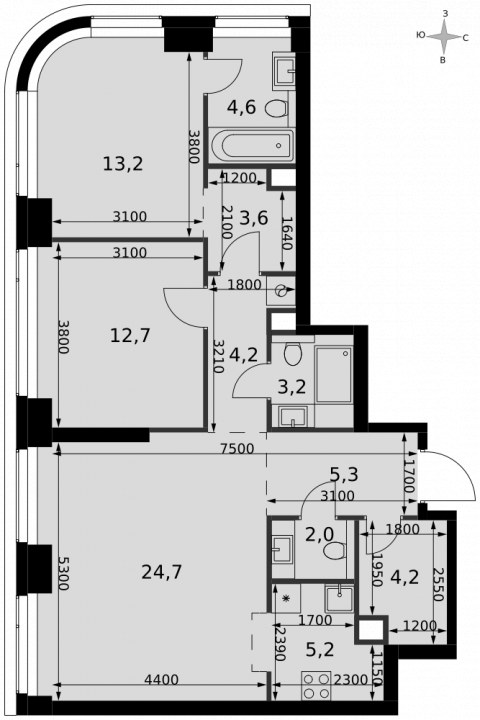 Планировка: 3-комн., 82,9 м²