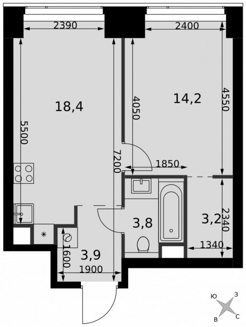Планировка: 1-комн., 43,5 м²