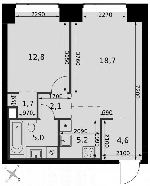Планировка: 2-комн., 50,1 м²
