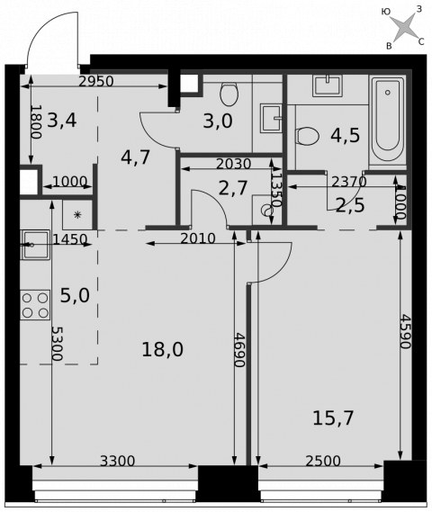 Планировка: 2-комн., 59,5 м²
