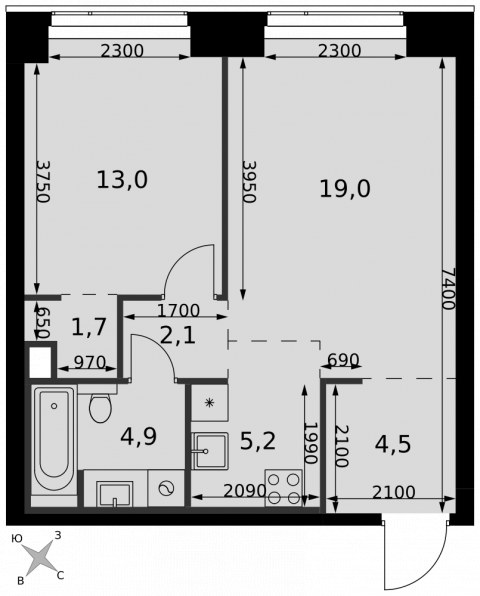 Планировка: 2-комн., 50,4 м²