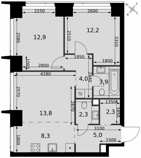 Планировка: 3-комн., 64,7 м²