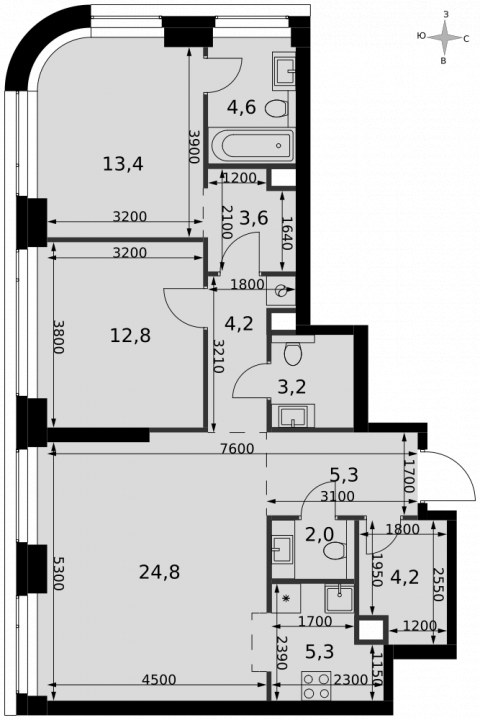 Планировка: 3-комн., 83,4 м²