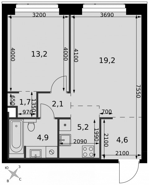 Планировка: 2-комн., 50,9 м²