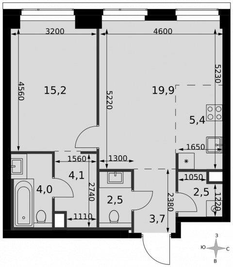 Планировка: 2-комн., 57,3 м²