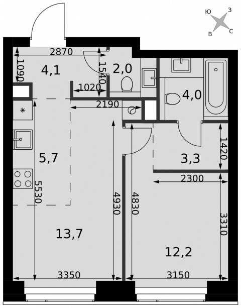 Планировка: 2-комн., 45,0 м²