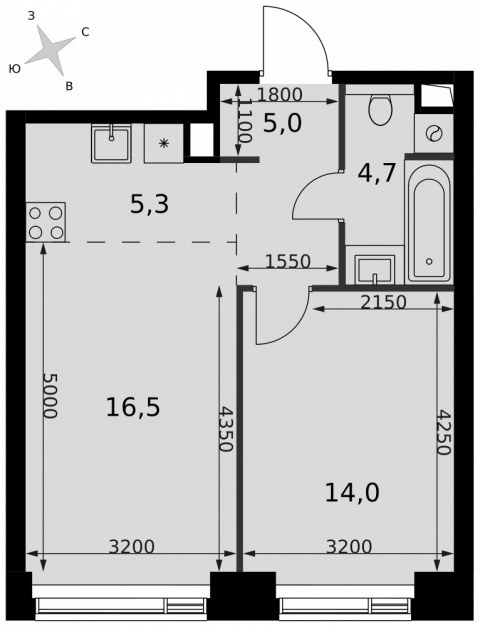 Планировка: 2-комн., 45,5 м²