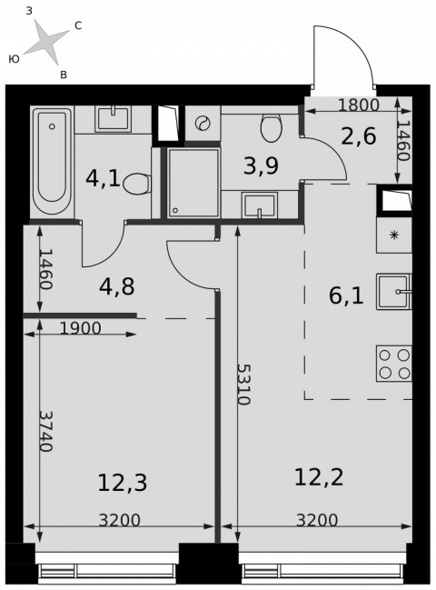 Планировка: 2-комн., 46,0 м²