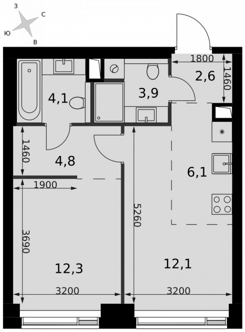 Планировка: 2-комн., 45,9 м²