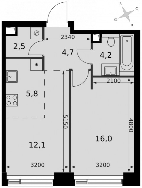 Планировка: 2-комн., 45,3 м²