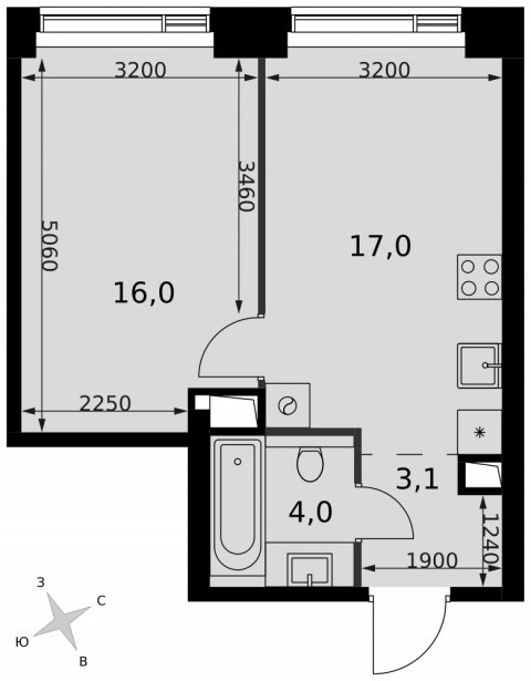 Планировка: 1-комн., 40,1 м²