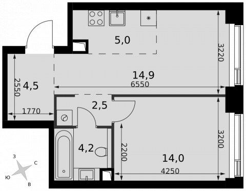 Планировка: 2-комн., 45,1 м²
