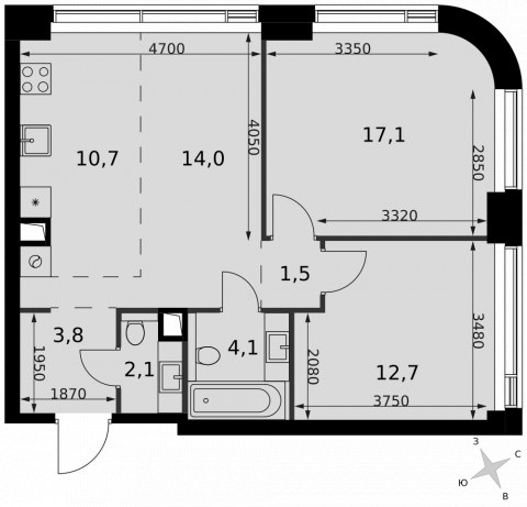 Планировка: 3-комн., 66,0 м²