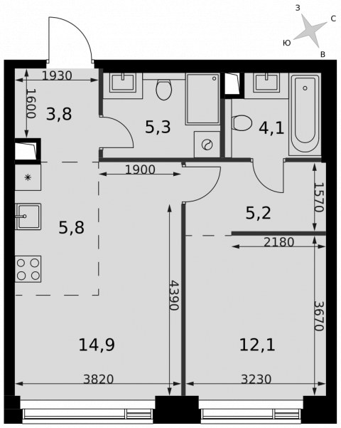 Планировка: 2-комн., 51,2 м²