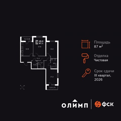 Планировка: 3-комн., 87,1 м²