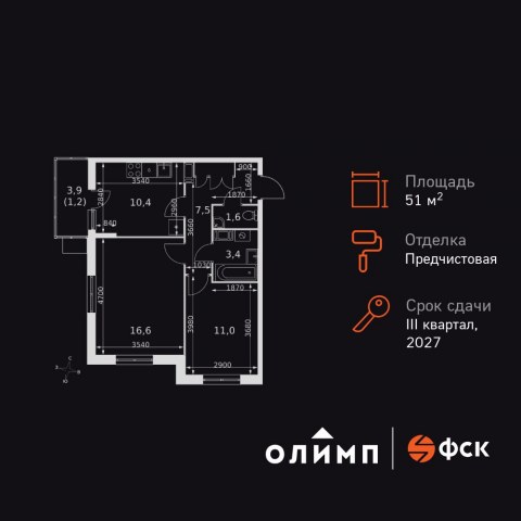 Планировка: 2-комн., 51,7 м²