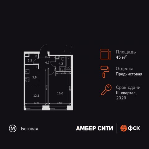 Планировка: 2-комн., 45,3 м²
