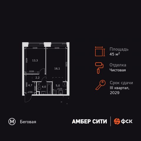 Планировка: 2-комн., 45,3 м²