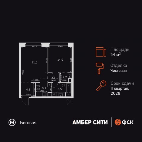 Планировка: 2-комн., 54,8 м²