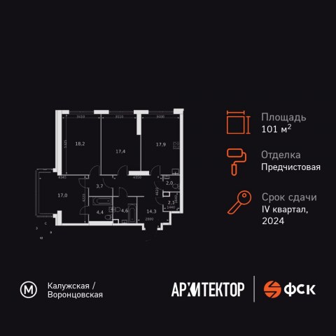 Планировка: 3-комн., 101,6 м²