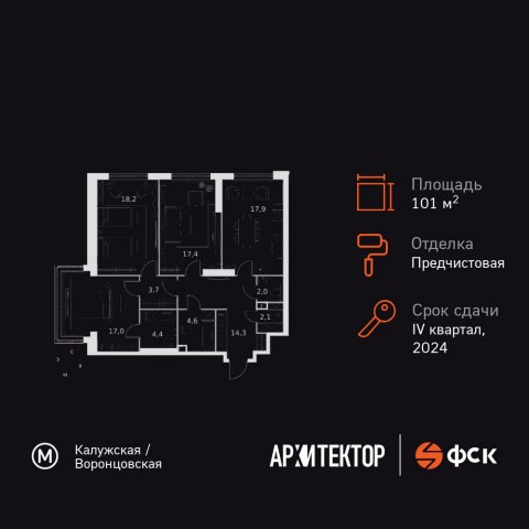 Планировка: 3-комн., 101,6 м²