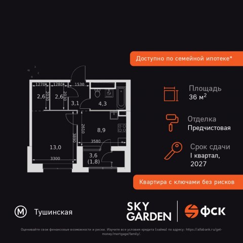 Планировка: 1-комн., 36,3 м²