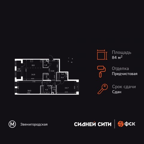 Планировка: 3-комн., 84,2 м²
