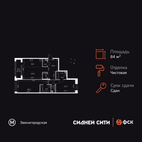 Планировка: 3-комн., 84,2 м²