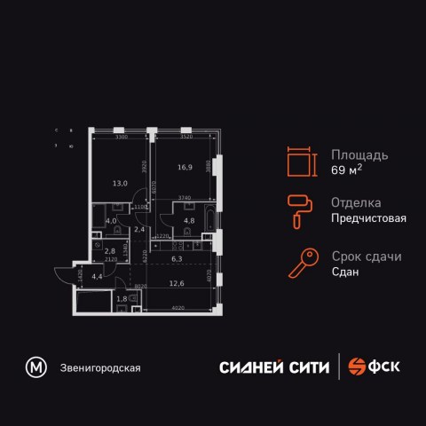 Планировка: 2-комн., 69,0 м²