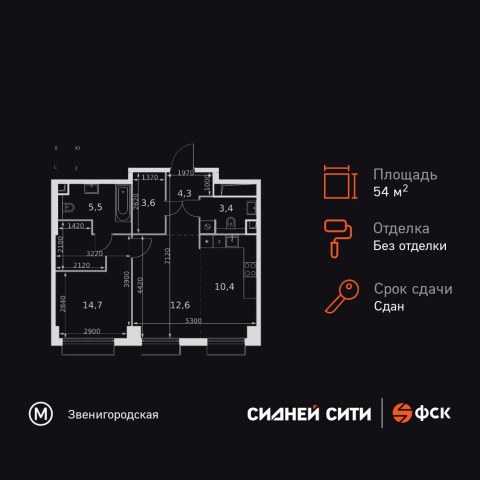 Планировка: 2-комн., 54,5 м²