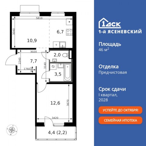 Планировка: 2-комн., 46,5 м²