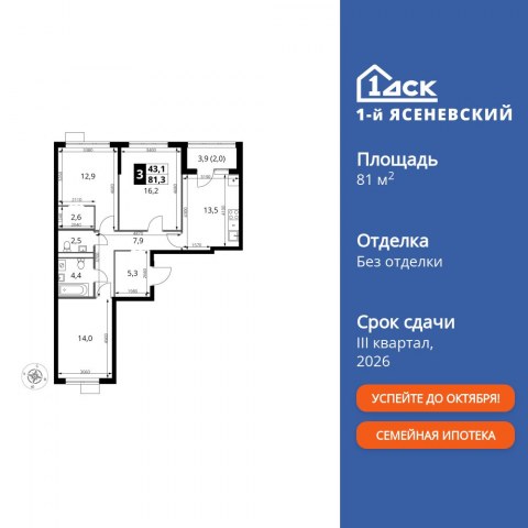 Планировка: 3-комн., 81,3 м²