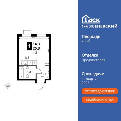 Планировка: Студия, 25,3 м²